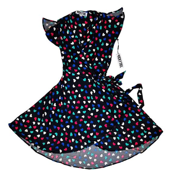 New* Wrap Dress Size Medium Black Pink Green Hearts Fit & Flare Colorful READ - Picture 16 of 16